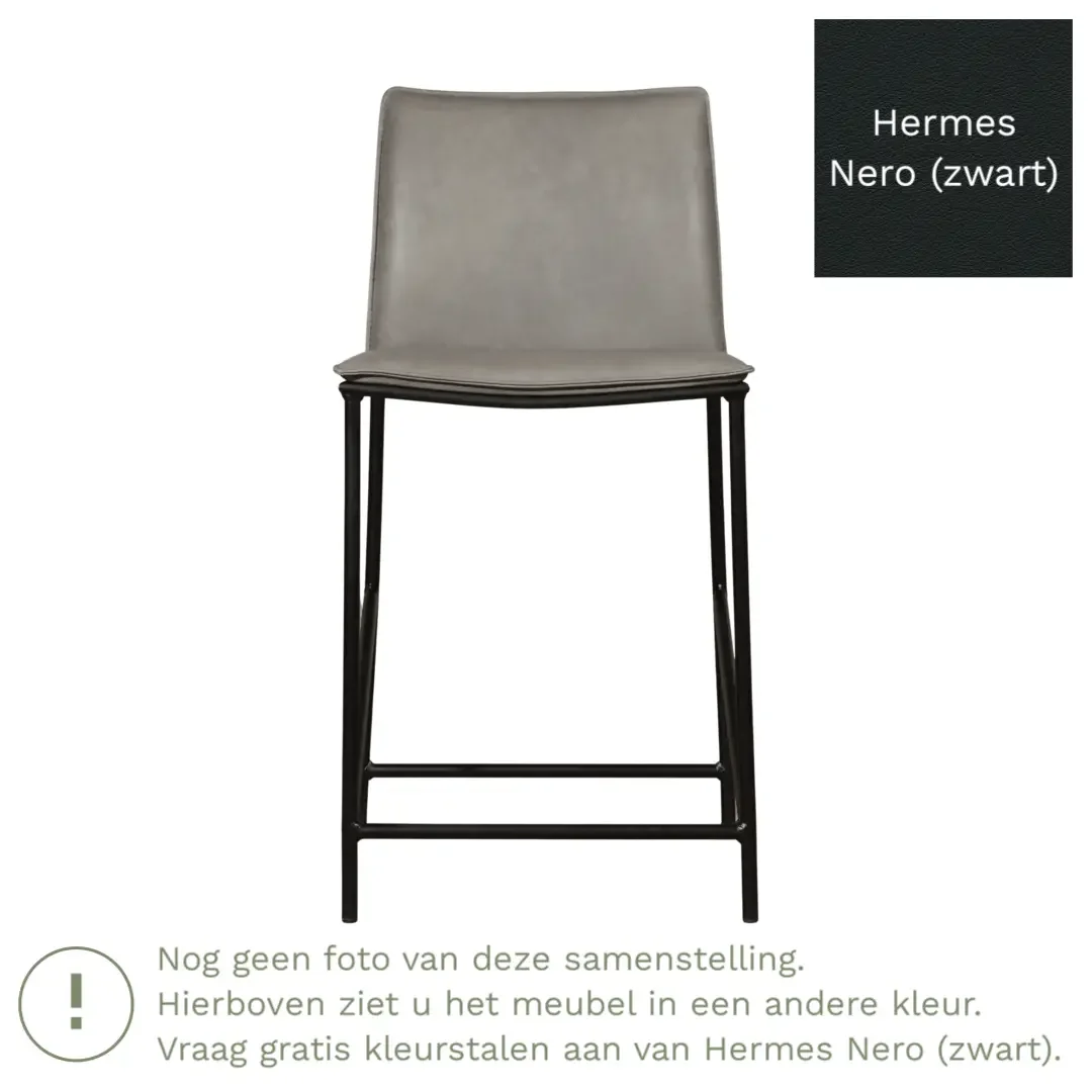 afbeelding van Leren barkruk Favor laag - Poten staal rond zwart